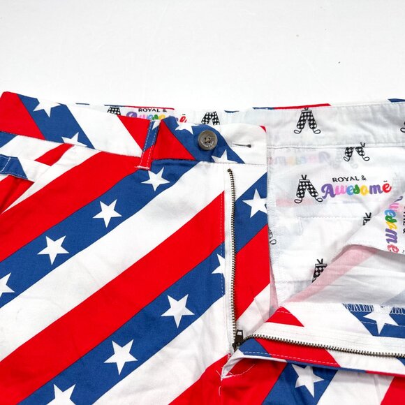 Royal & Awesome Golf Shorts Mens 36 Stars Stripes USA Flag Red White Blue Merica - Picture 2 of 4